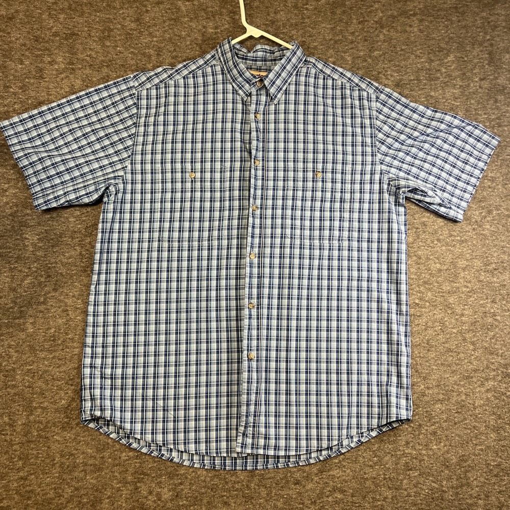 Wrangler Rugged Wear Shirt Mens XL Blue Plaid Short Sleeve Button Up Cotton